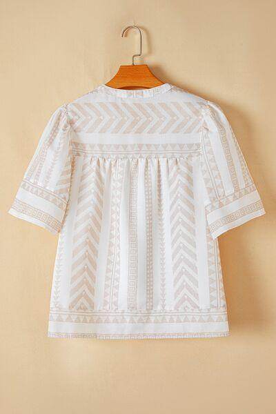 Geometric Jacquard Notched Half Sleeve Blouse for Women
