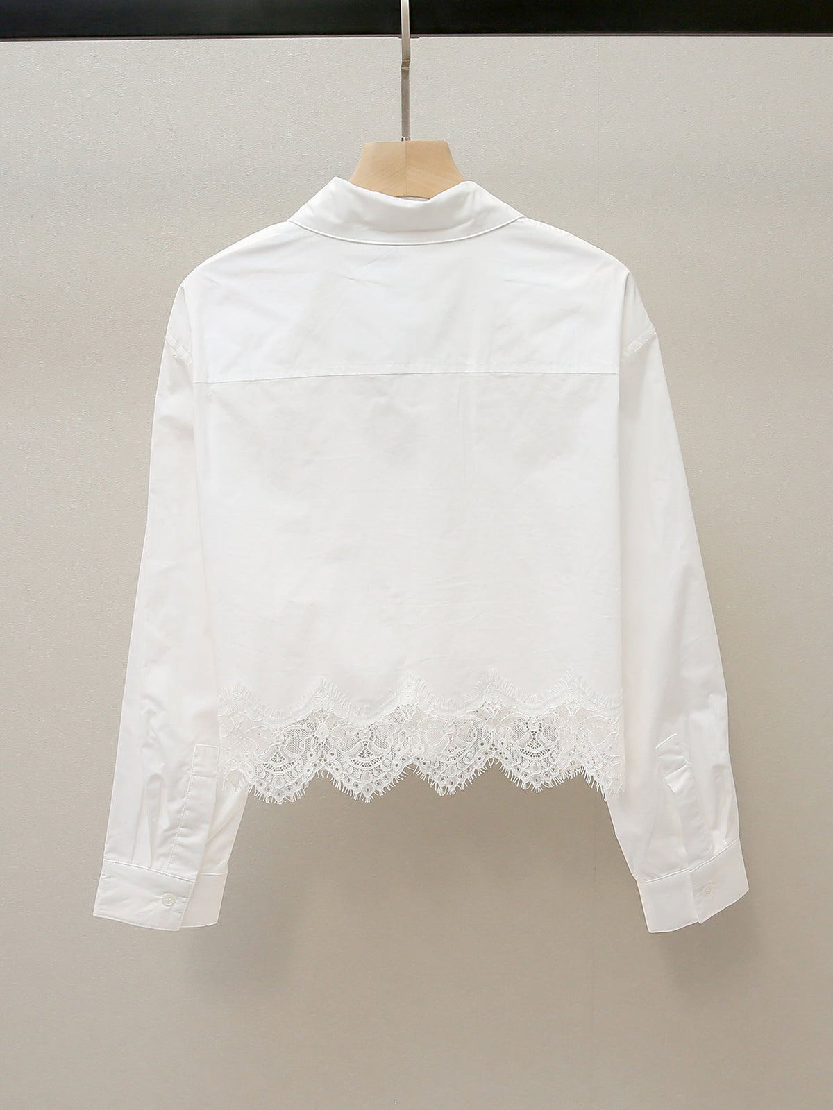 Lapel-neck Lace-panel Long-sleeve Blouse For Women