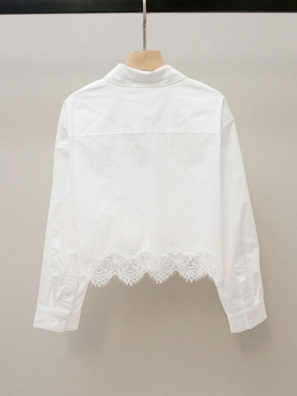 Lapel-neck Lace-panel Long-sleeve Blouse For Women