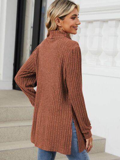 Slit Mock Neck Long Sleeve T-Shirt for Women with Pocket