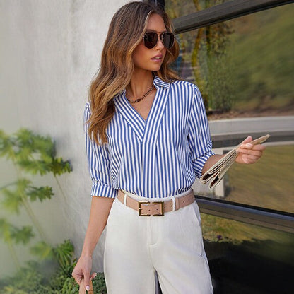 Womens Casual Striped Blouse With Three-quarter Sleeves
