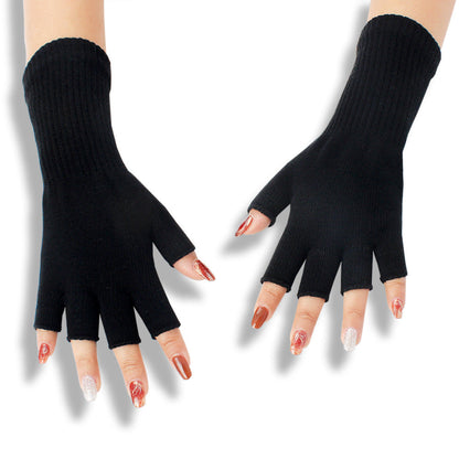 Solid-color Fashionable Acrylic Long-sleeve Ribbed Half-finger Thermal Gloves