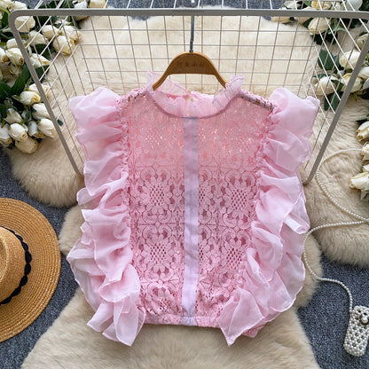 Lace Sleeveless Top With Ruffled Paneling And Hollowed-Out Details