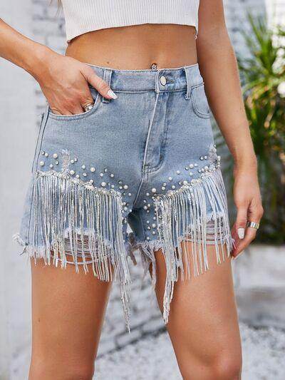 Distressed Pearl Trim Denim Shorts with Pockets for Women