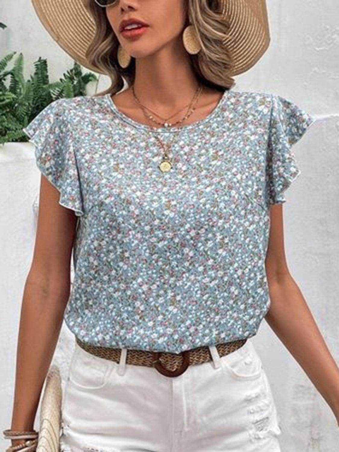 Ditsy Floral Round Neck Cap Sleeve Top for Women