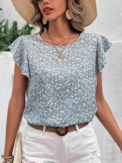 Ditsy Floral Round Neck Cap Sleeve Top for Women
