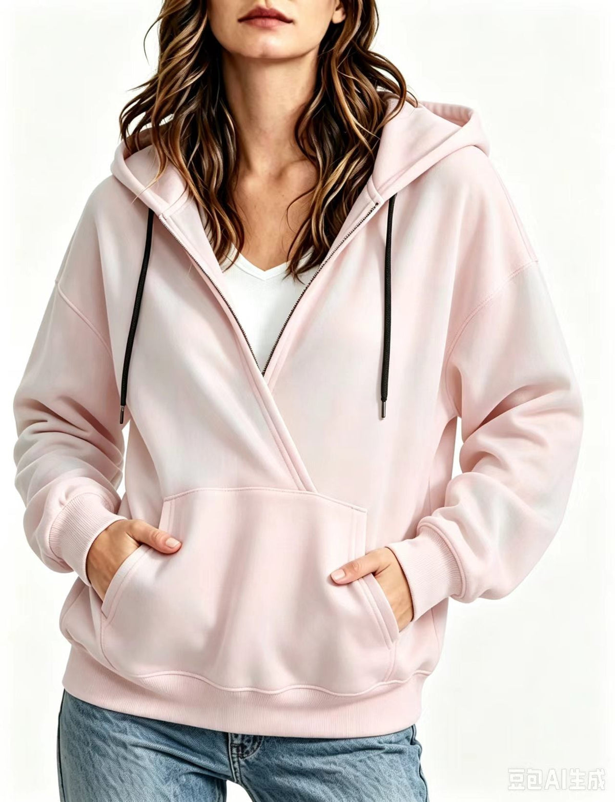 Womens Half-Zip Fake Two-Piece Hoodie