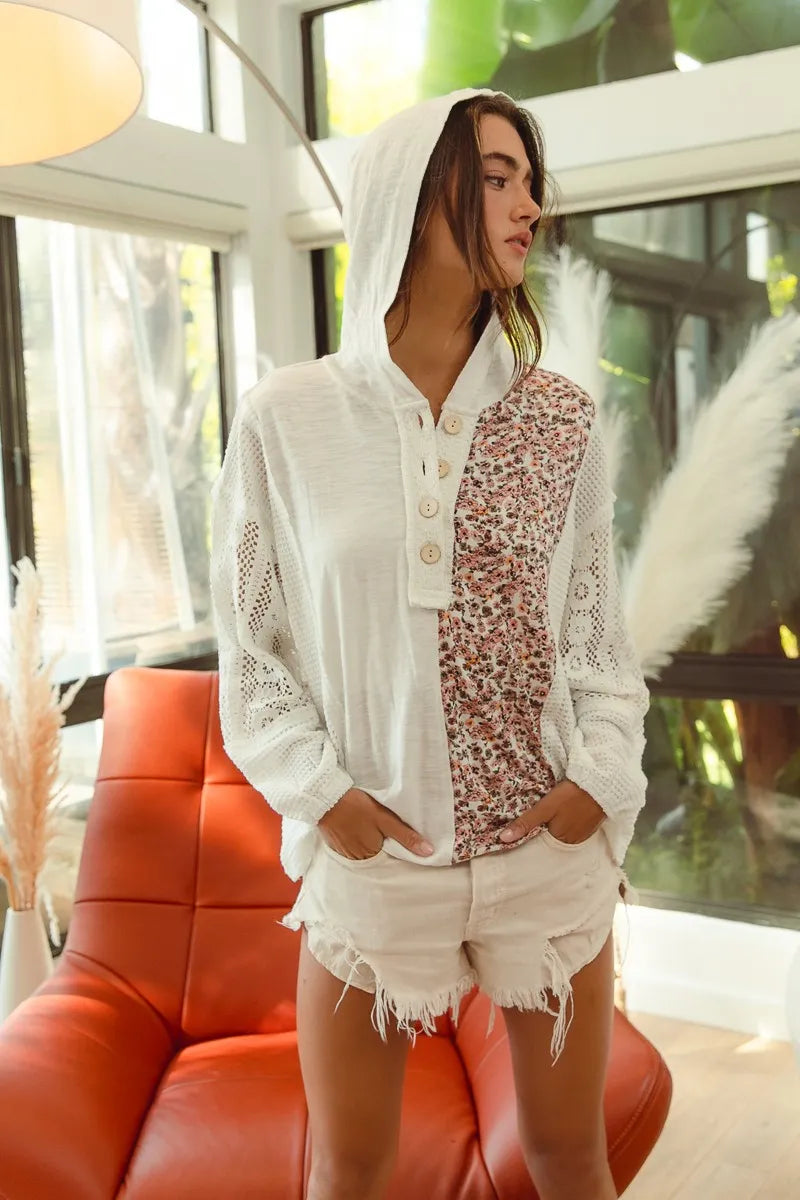 BiBi Slub Jersey with Lace Combo Buttoned Hoodie Top