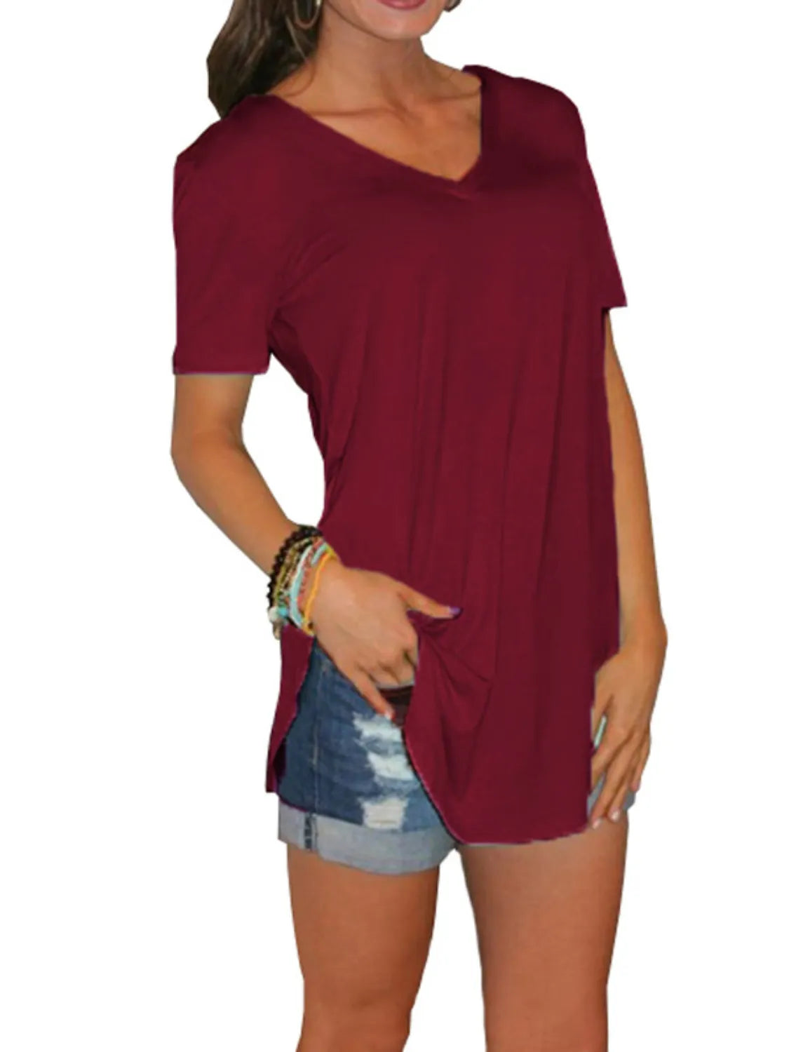 Full Size Solid V-Neck Short Sleeve T-Shirt Plus Size