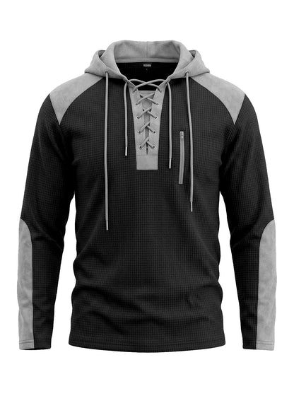 Cross-border TK Men's Waffle Pattern Color-blocked Hoodie, European And American Style, With Drawstring, Plus-size Long-sleeve Top, Casual Pullover Sweatshirt