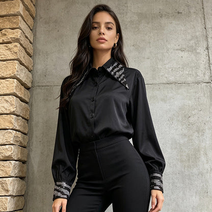 Rhinestone Collar & Cuff Button-Up Satin Shirt
