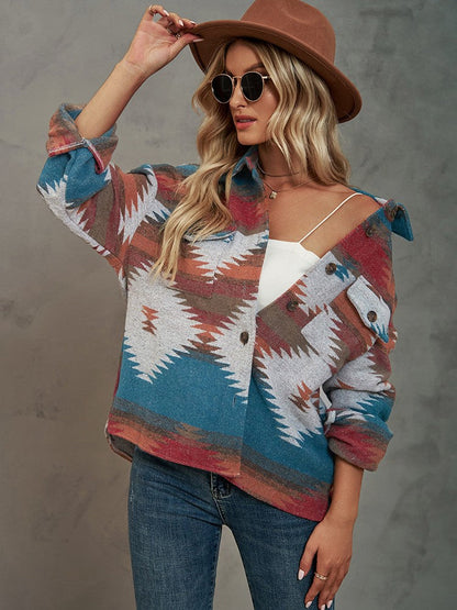 Geometric Pattern Cropped Loose Lapel Pocket Jacket