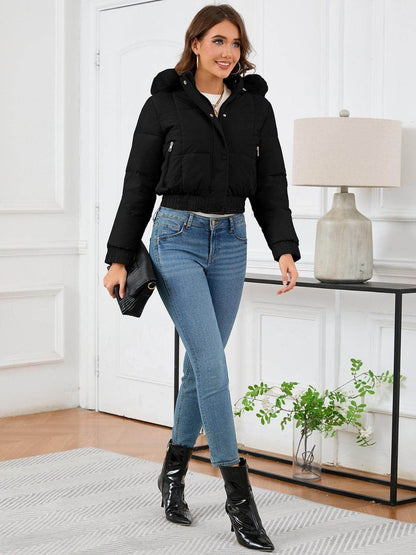 Pocketed Long Sleeve Cropped Hooded Winter Coat for Women