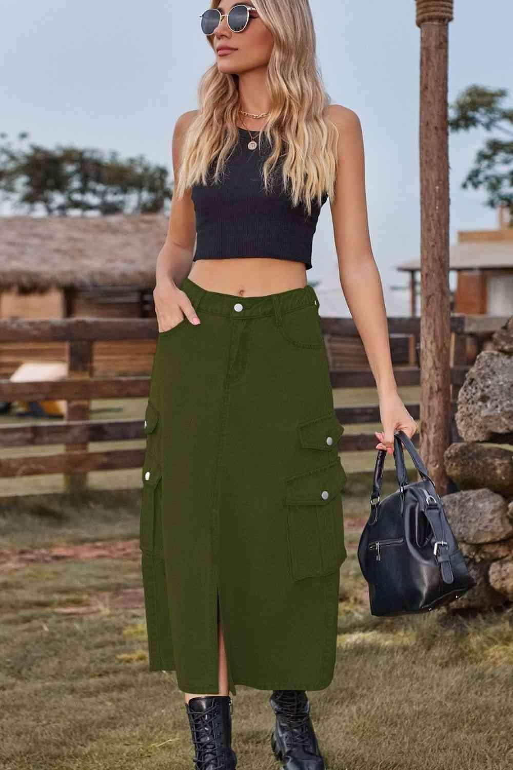 Slit Front Midi Denim Skirt with Pockets for Women