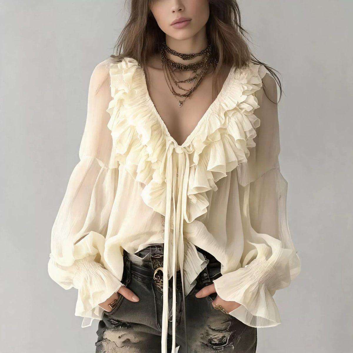 Womens Fashionable Casual V-Neck Long-Sleeve Ruffle-Trim Shirt