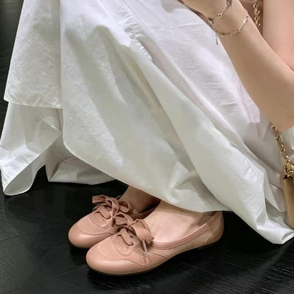 Women Vintage Retro Ribbon Lace-Up Suede Patchwork Ballet Flats, Round Toe Perforated Soft Leather Foldable Comfy Slip On Elegant Casual Daily
