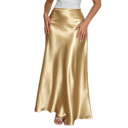 Satin Gold A-line Midi Skirt For Women