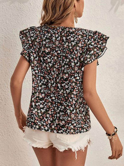Ditsy Floral Round Neck Cap Sleeve Top for Women