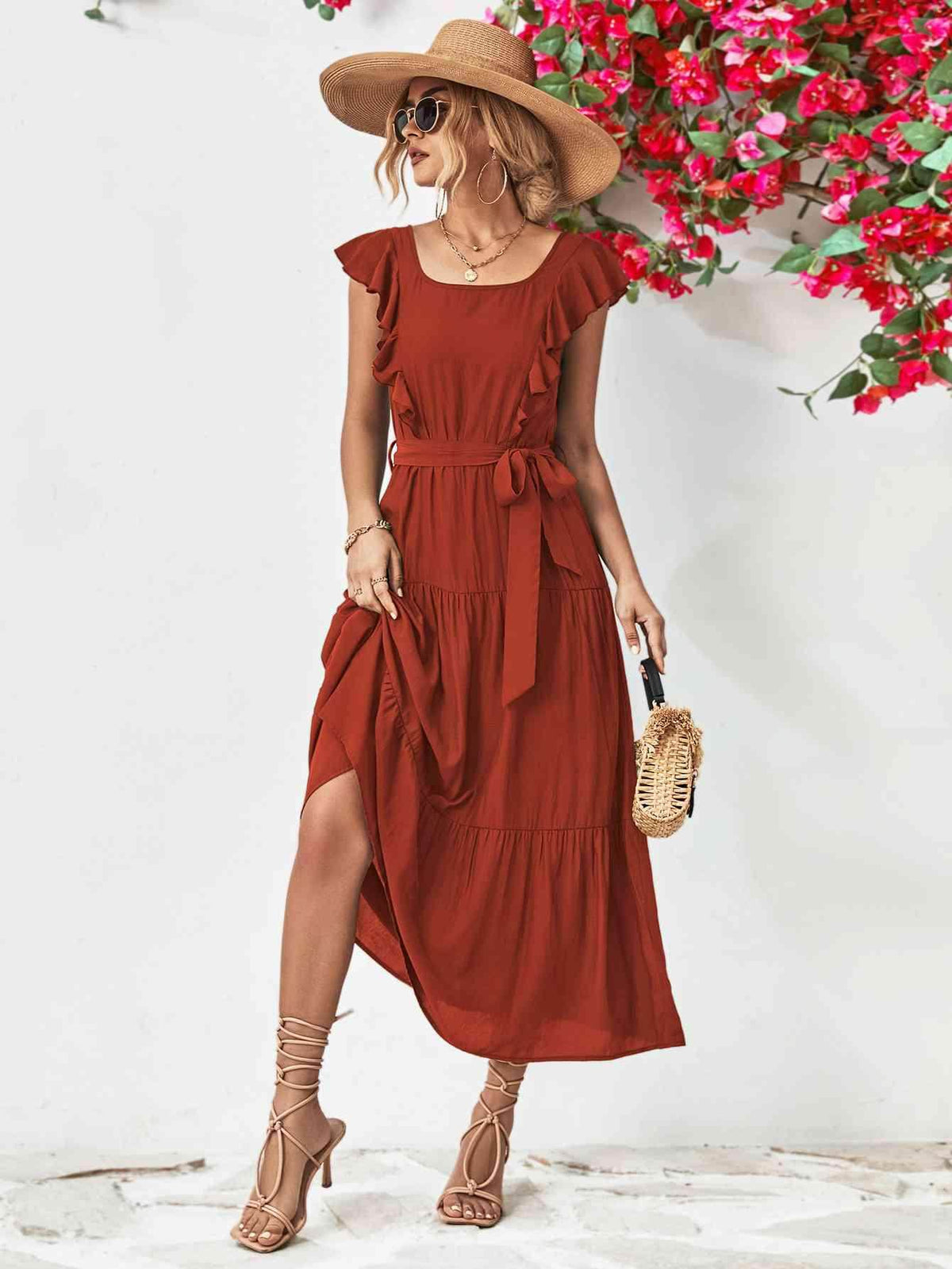 Tie Belt Ruffled Tiered Dress for Chic Midi Style