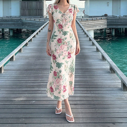 Floral Ruffled V-Neck Mesh Dress Resort