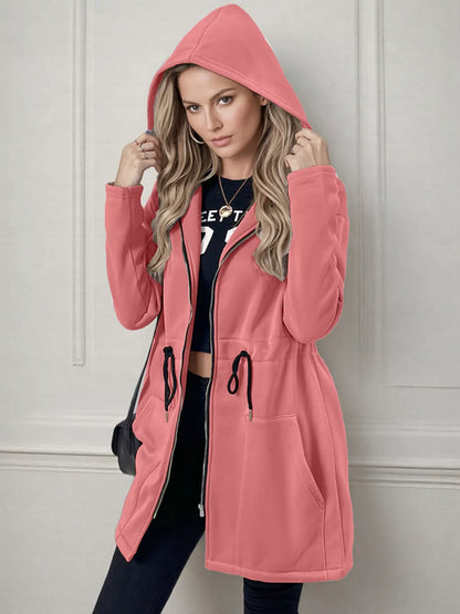 Drawstring Zip Up Hooded Outerwear
