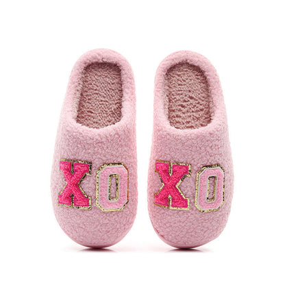 Warm Grid Letter Cotton Women's Slippers