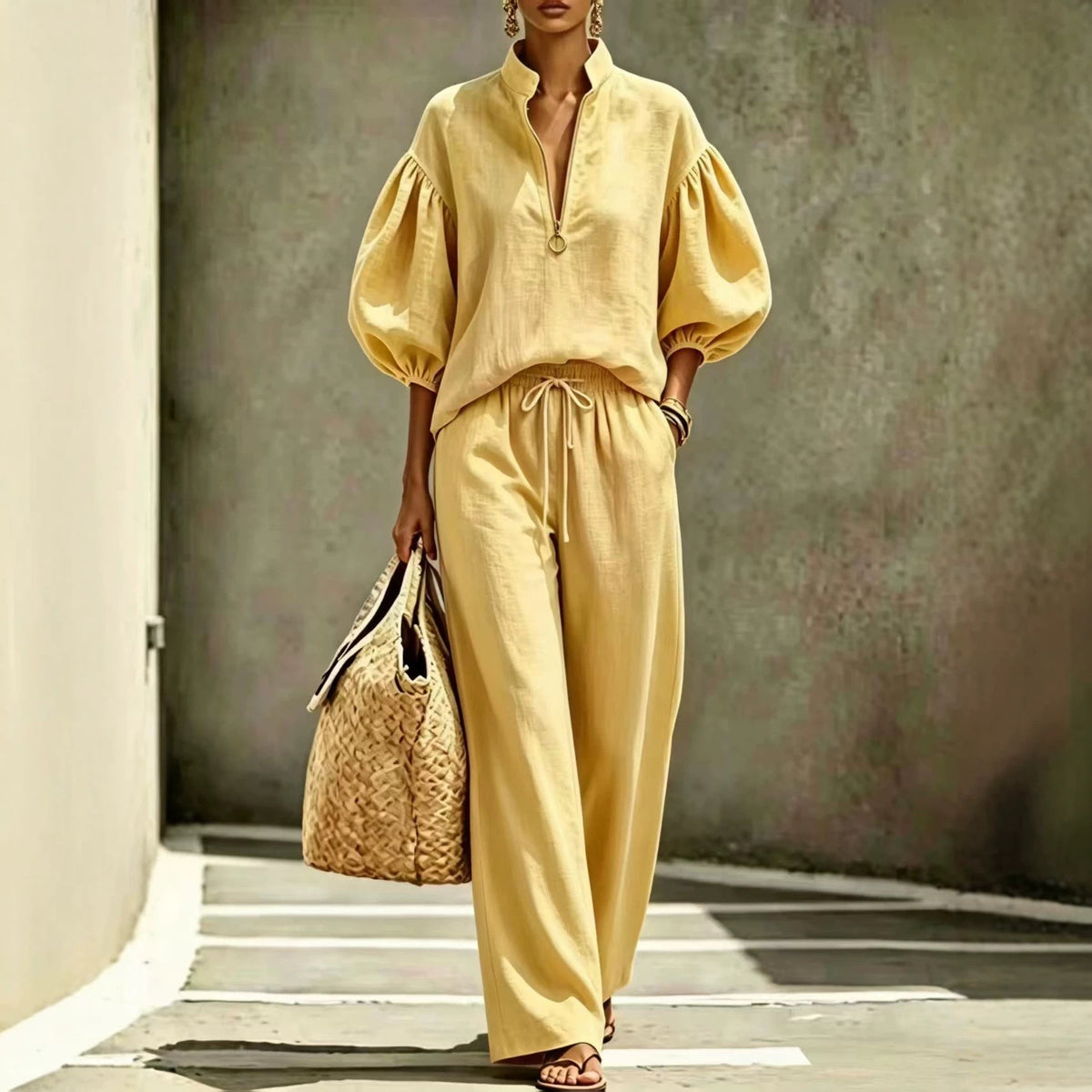Loose-fitting Solid-color Womens Set With A Half-zip And Puff Sleeves