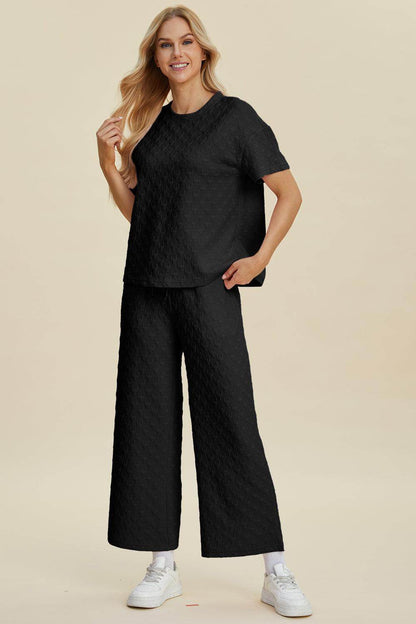 Double Take Full Size Texture Round Neck Top and Pants Set