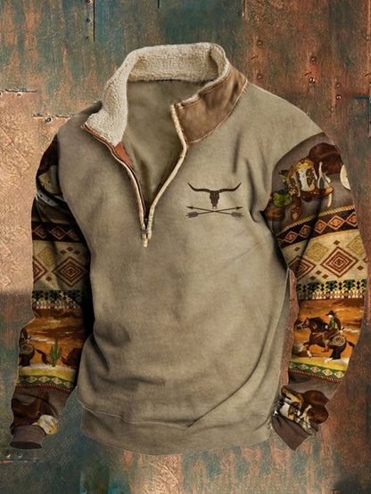 Fur Collar Long Sleeve Half Zipper Printed Casual Jacket Coat