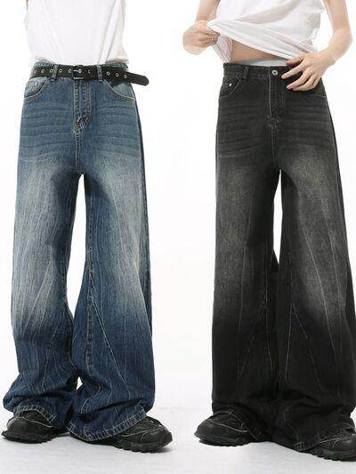 Washed Lightning Pattern Wide Leg Jeans for Stylish Comfort