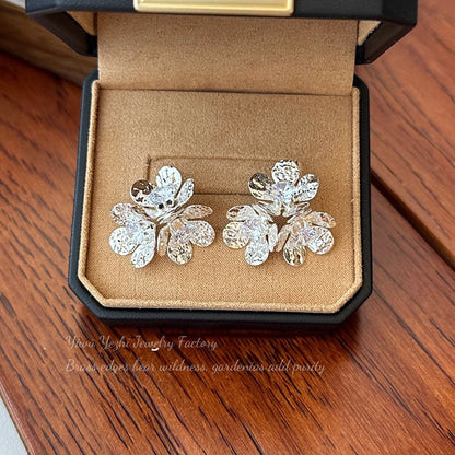 Flower-Like Three-Dimensional Flower Earrings, Multi-Layered Zircon Petal Earrings, Retro Metal Texture Garland Earrings