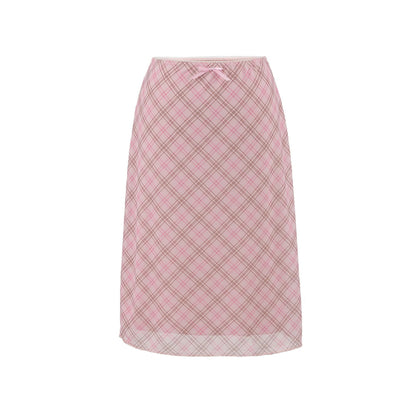 Bow-knot Ribbon Mesh Plaid Skirt For Women