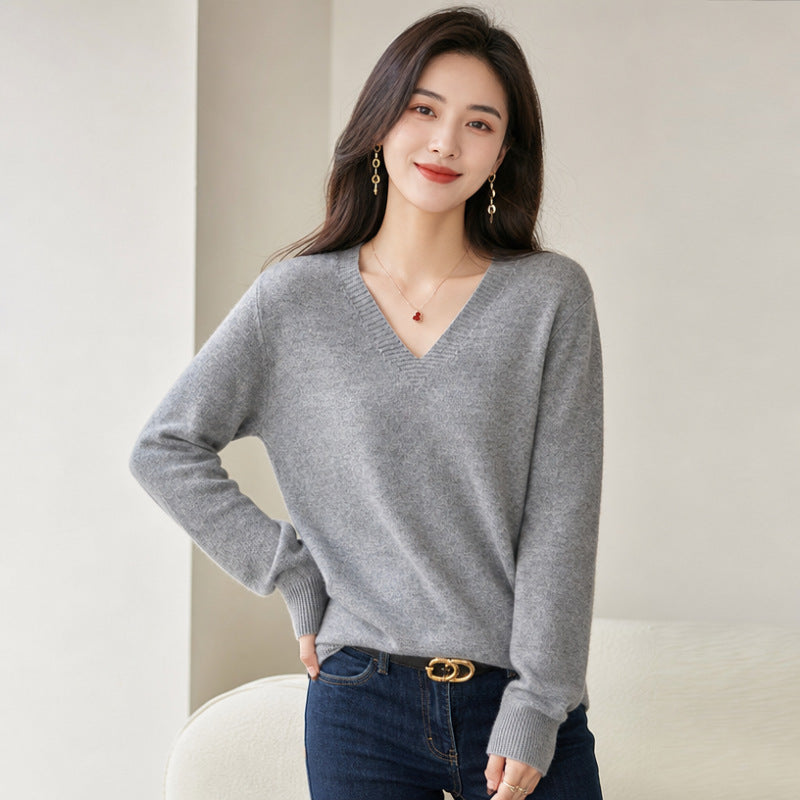 Women's V-neck Long-sleeve Pullover Knit Sweater
