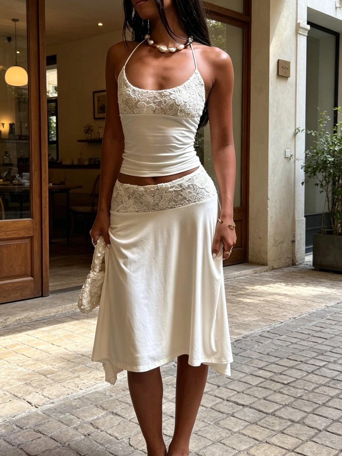 Womens Casual Sleeveless Lace-panel Top And Skirt Set