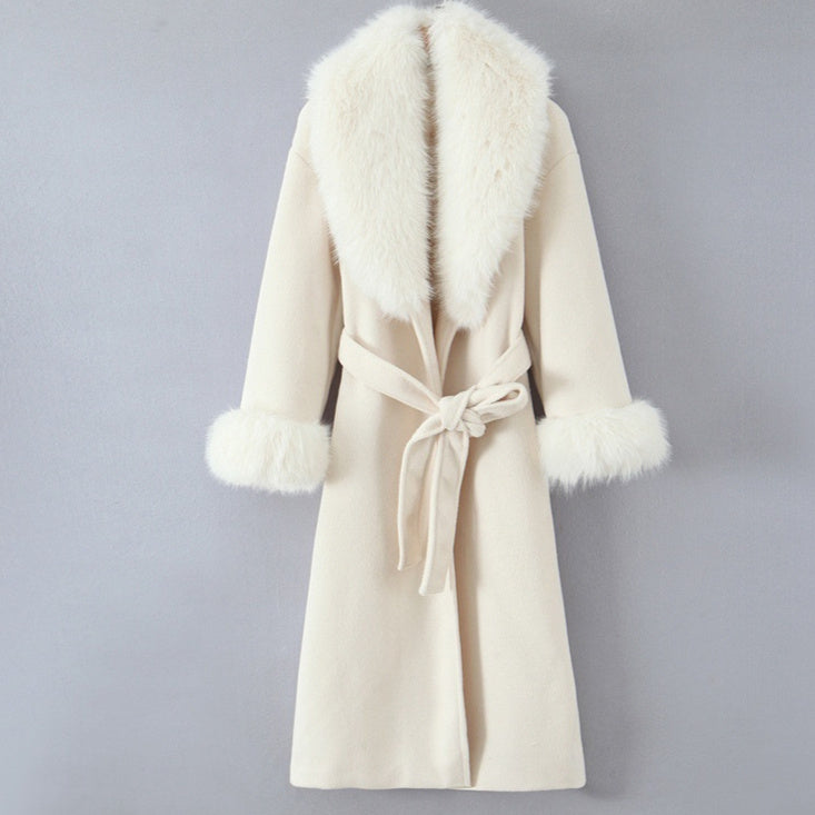 Women's Clothing Big Fur Collar Belt White Woolen Long-cut Coat