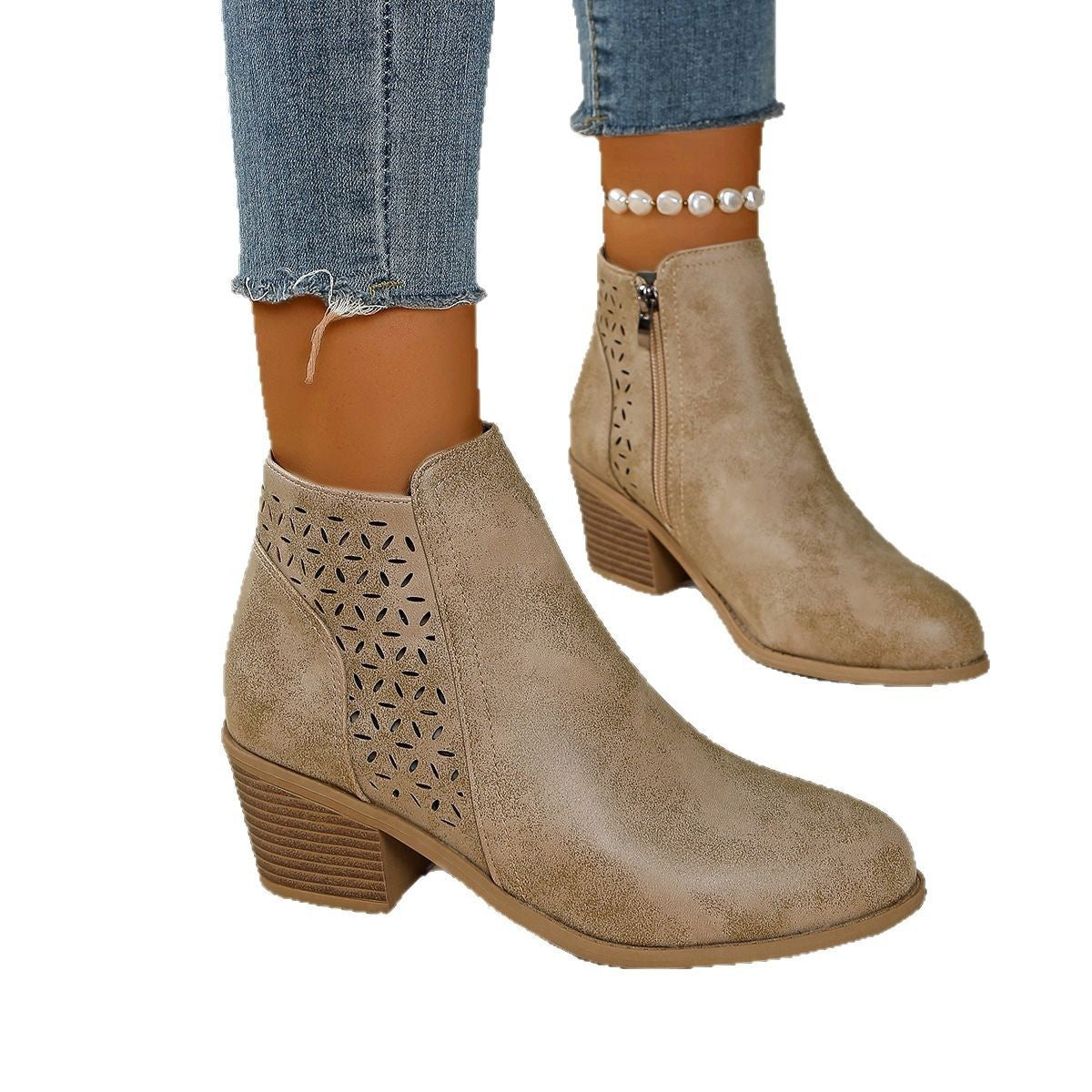 Hollow-out Pointed Toe Low-cut Square Heel Women's Boots