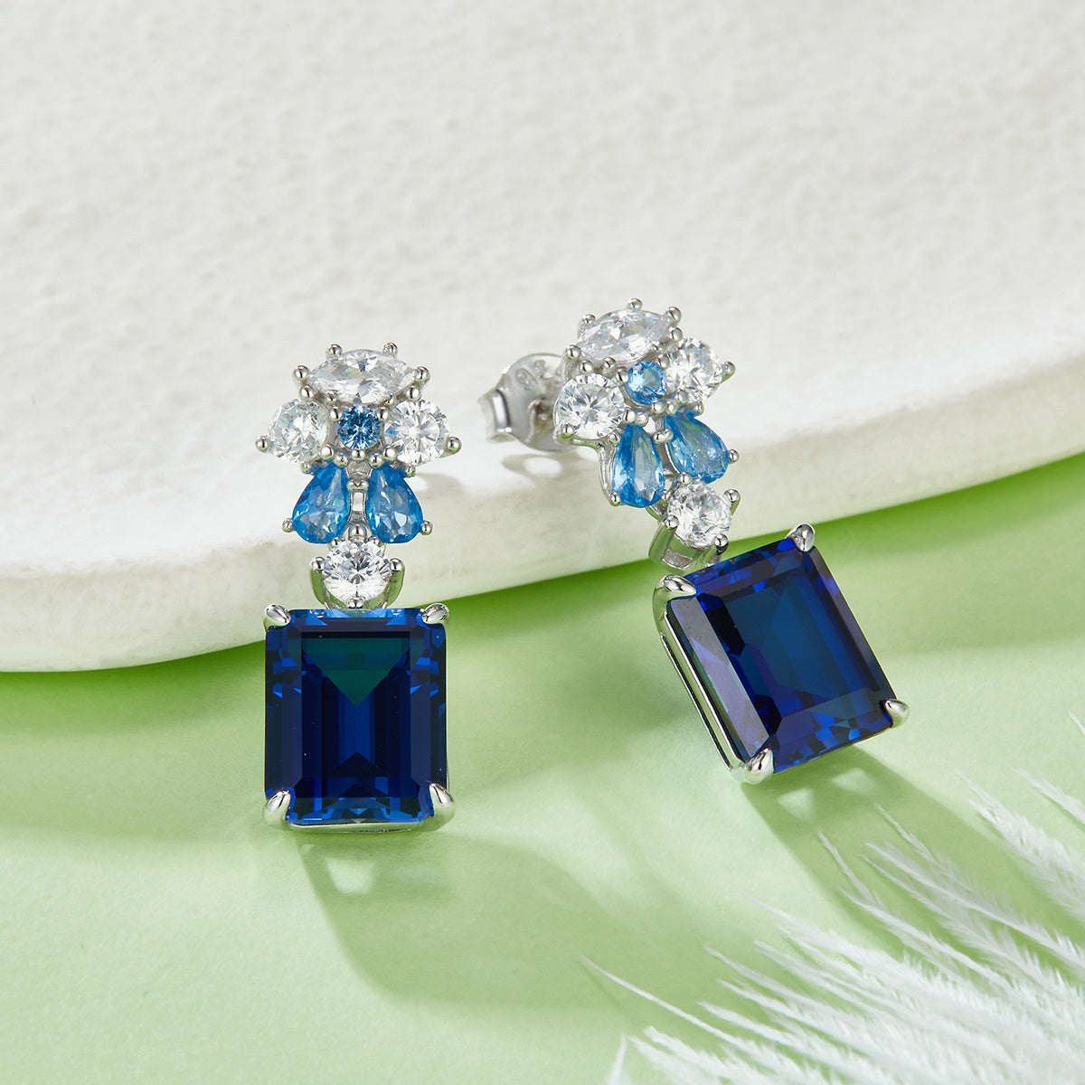 S925 Silver 6.5g 8ct Lab-Created Sapphire Drop Earrings, 10x8mm Emerald Cut, Pair