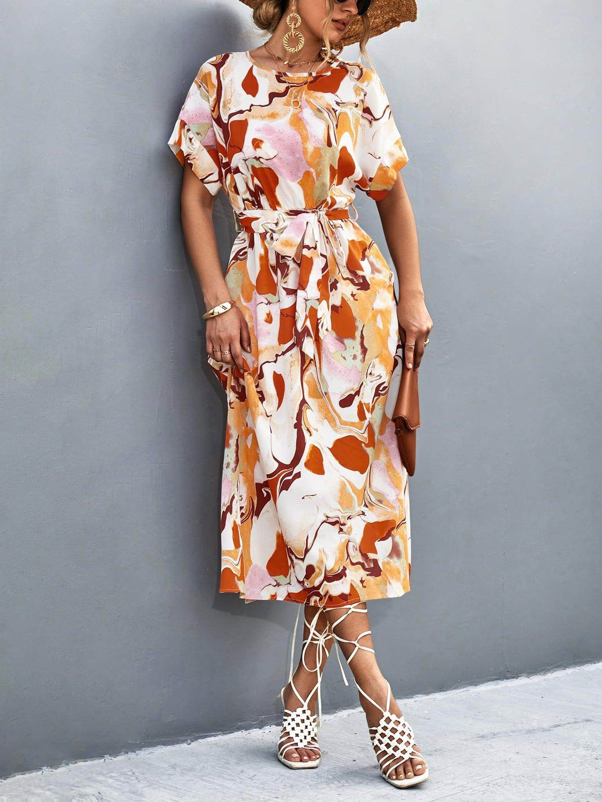Round Neck Short Sleeve Tie Waist Midi Dress for Women