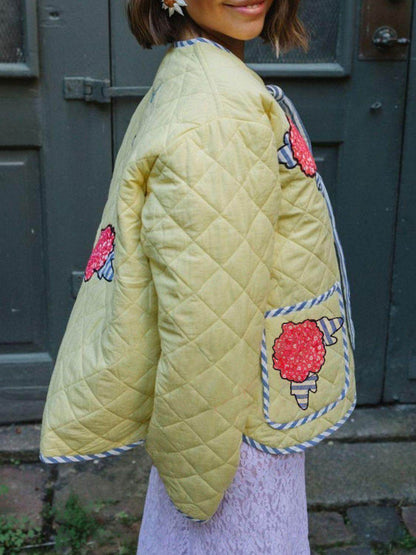 Embroidered Flower Tied Long Sleeve Winter Coat for Women