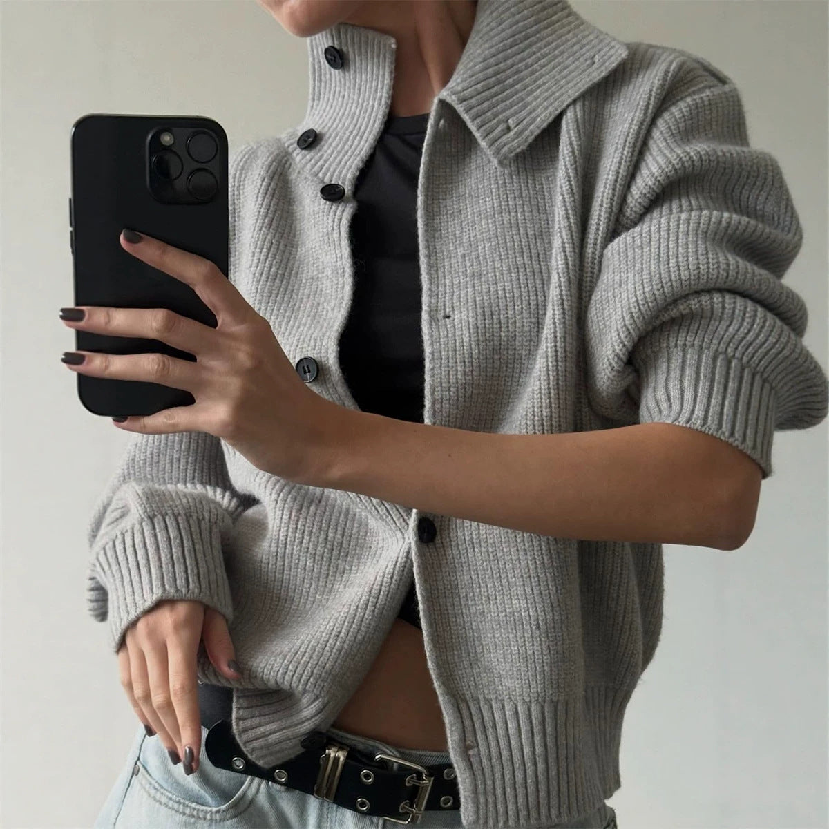 Women's Fashionable Casual Ribbed Mock-Neck Knitted Sweater With Buttons
