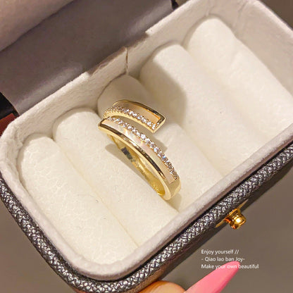 14k Real Gold Plated Zircon And Mother-of-pearl Double-layer Open Ring, Simple And Stylish Index Finger Ring, Light Luxury With A High-end Feel
