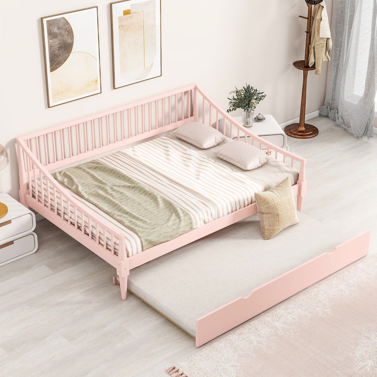 Full Size Daybed with Trundle and Support Legs  Pink