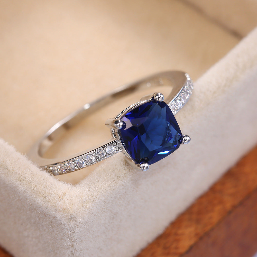 Micro-paved Zircon Royal Blue Square-cut Ring For Women