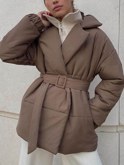 Puffer Long Sleeve Winter Coat with Belt for Women