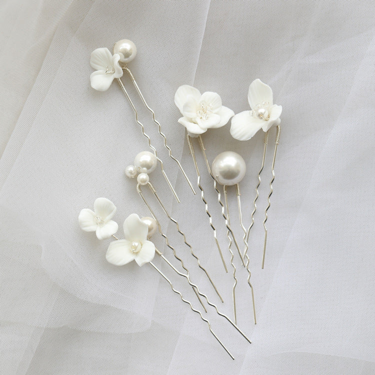 Ceramic Flower Pearl Embellished Bridal Hairpin Hair Plug Simple Hair Accessories