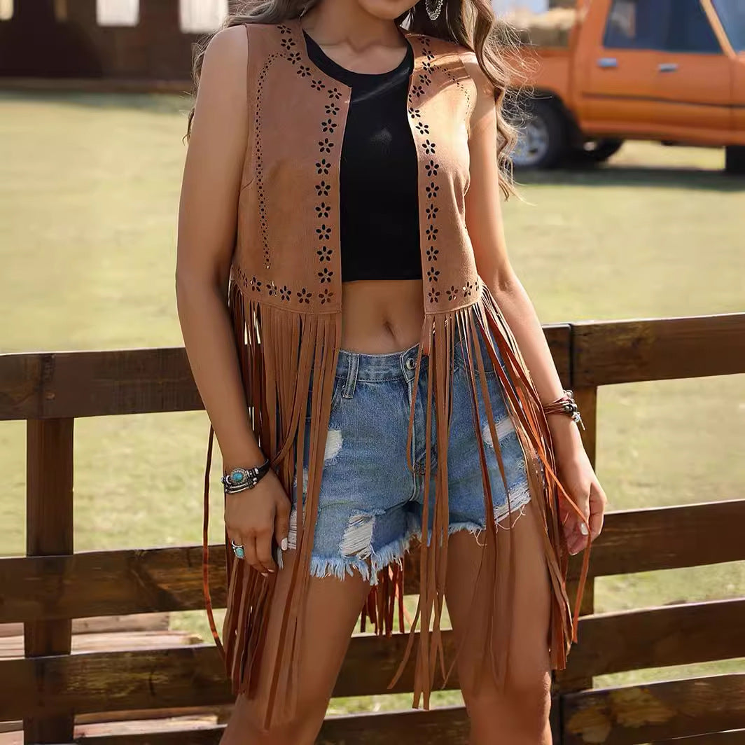 Hollow-out Sleeveless Stitching Suede Vest Jacket