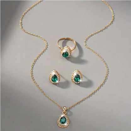 Jewelry Suit Women's Water Drop Gem Series Necklace Earring Ring Bracelet Four-piece Set