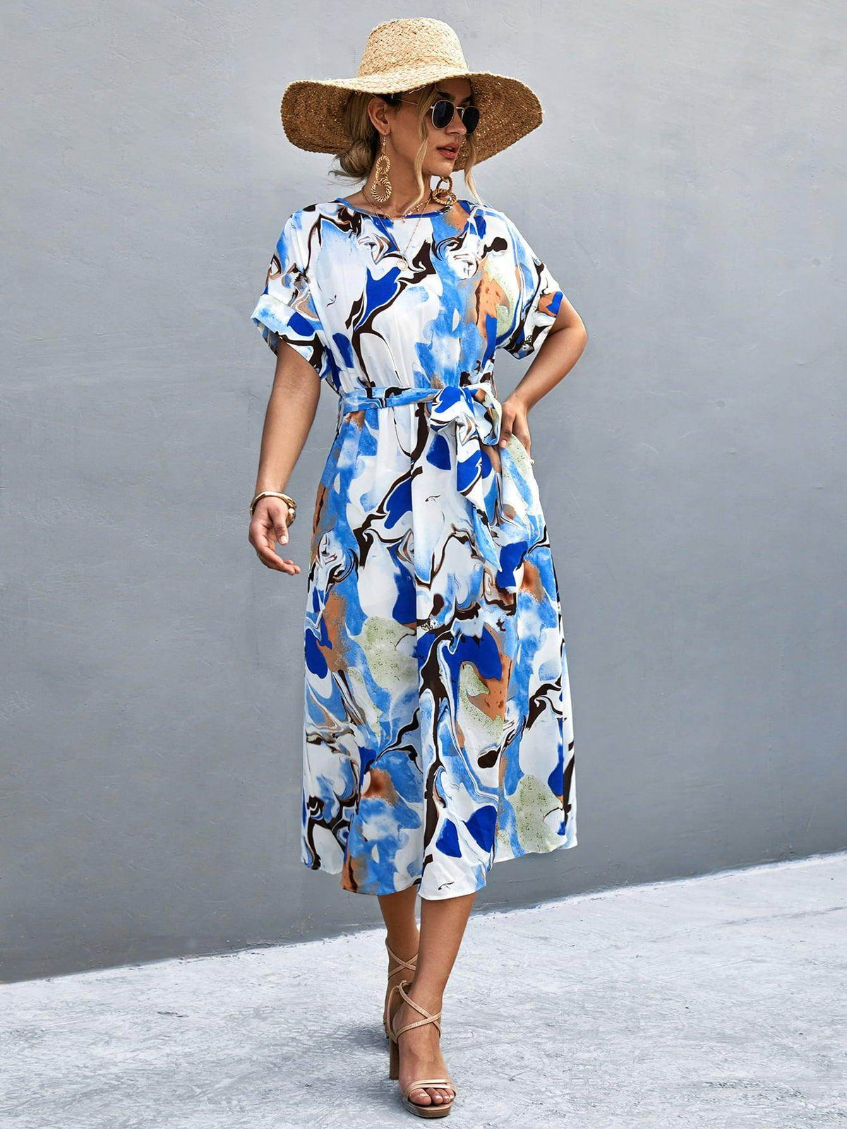Round Neck Short Sleeve Tie Waist Midi Dress for Women
