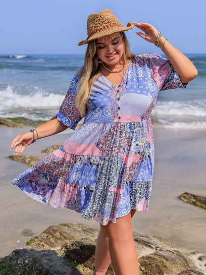 Plus Size Printed V-Neck Tiered Mini Dress