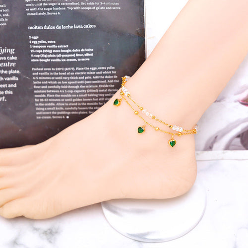 Fashionable Double-Layer Zircon Heart Pendant Anklet